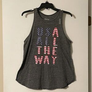 Reebok Razorback tank with USA all‎ the way in red ,white and blue.